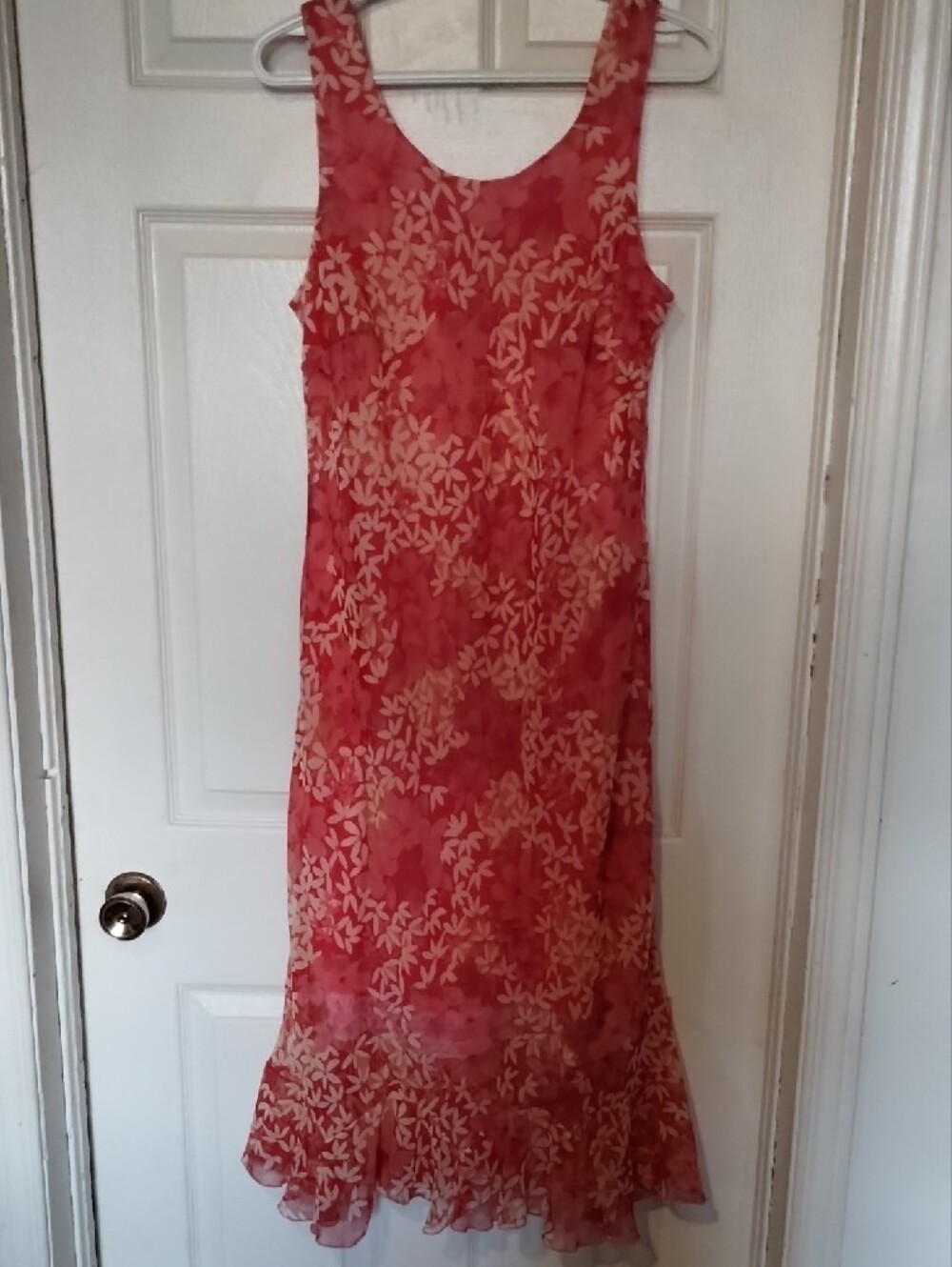Vintage 90s Pink & Red Floral Sleeveless Lettuce Hem Midi Maxi Dress. Size 15
